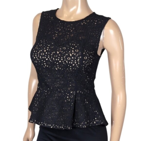 Forever 21 Lace Peplum Top Sleeveless Sheer Nude Floral Overlay Keyhole Illusion - Picture 1 of 12
